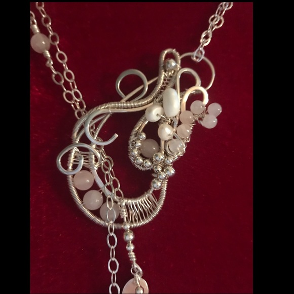 Rose Quartz, Fresh Water Pearls, Sterling & Fine Silver Lariat Necklace - Picture 4 of 9